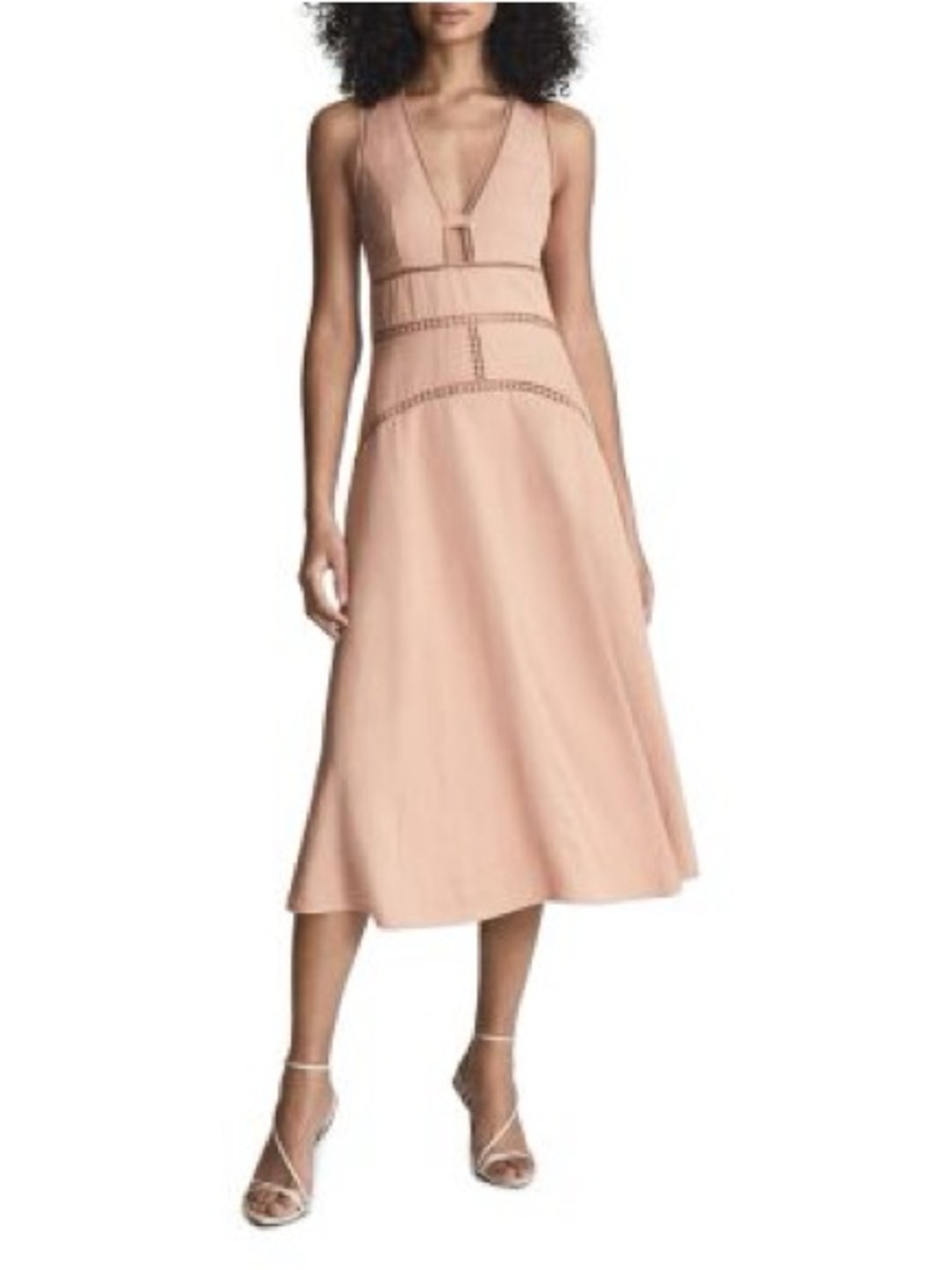 Reiss Leena Cutout Embroidered Midi Dress Blush Pink V-Neck Quiet Luxury Wedding